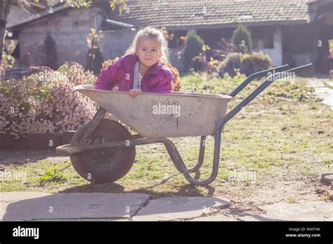 Happy Little Girl Sitting In Wheelbarrow Stock Photo Alamy