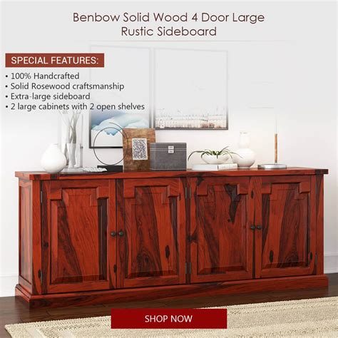 Benbow Rustic Solid Wood 4 Door Extra Long Sideboard Cabinet Rustic