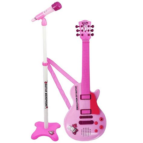 Kids 6 String Pink Electric Play Guitar And Microphone Set With