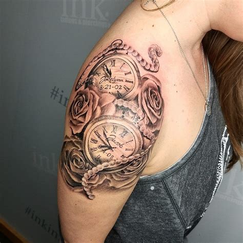Realistic Black And Grey Rose With Clocks Quarter Sleeve By Kelsey