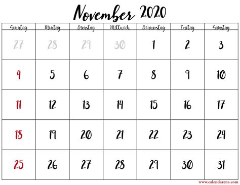 Kalender November 2020 Kostenloser Download Calendarena