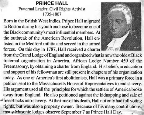 Knowledge and a sincere wish to be of service to mankind. 1784 | Prince Hall establishes the first black Masonic ...