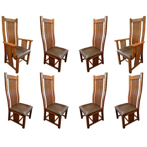 Set Of 8 Mission Arts And Crafts Oak Curved High Back Dining Chair