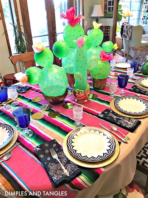 Mexican Dinner Tablescape With Balloon Cactus Centerpiece Cactus