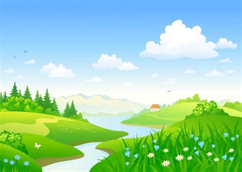 Vector Cartoon Illustration Beautiful River Landscape Panorama Stock