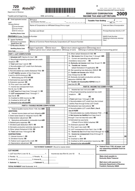Form 720 Kentucky Corporation Income Tax And Llet Return 2009