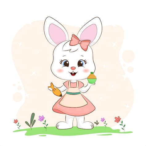 Premium Vector Little Bunny Holding A Special Decorated Cupcake