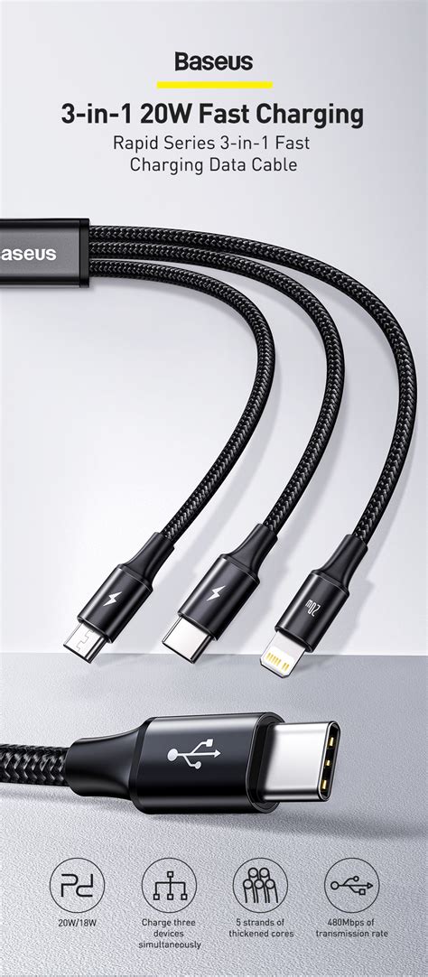 3 In 1 Pd 20w Fast Charging Cable 15m Black Usb C To Lightning Usb C