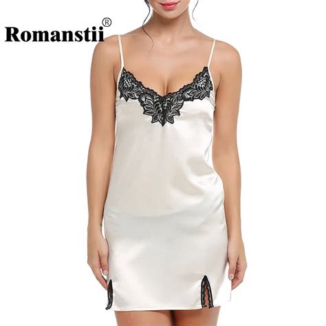Romanstii Lace Nightgown Women Summer Nightwear Sexy Lingerie Spaghetti Strap Silk Satin