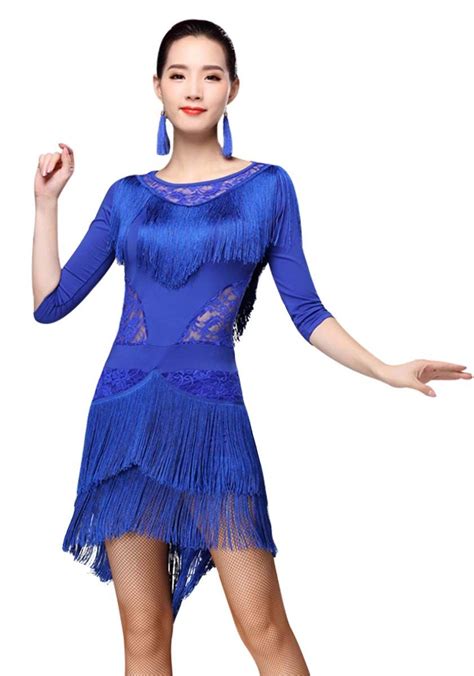 Zx Womens Latin Dance Dress Lace Neck 12 Sleeve High Low Fringe Salsa Tango Cha Cha Rumba