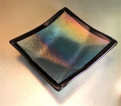 Clear Irid Over Steel Blue With Black Border Slumped In Folded Square Bowl Glass Fusing
