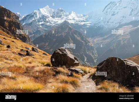 Trail To Annapurna Base Camp With Mountain Ranges And Gorge In The