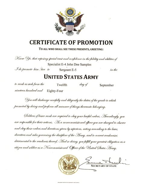 United States Army Nco Promotion Certificate Specialist E 5 E 6 E 7