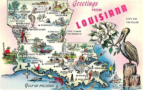 Louisiana La Map Attractionslandmarksinformation C1950s Chrome Postcard