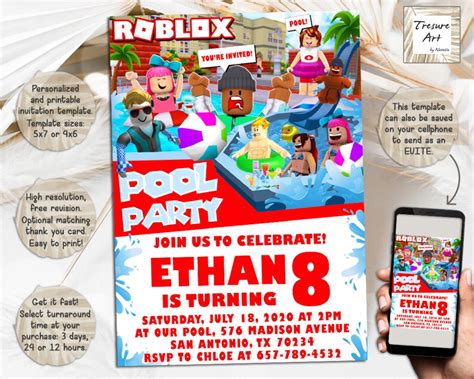 Roblox Pool Party Birthday Invitation I Roblox Birthday Party Invite I
