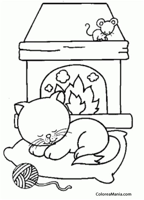 Colorear Gato durmiendo ante chimenea Animales Domésticos dibujo