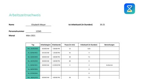 Arbeitszeitnachweis Vorlage für Excel und als PDF TimeTrack Vorlagen
