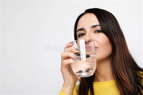 Close Up Portrait Of Pretty Woman Drinking Water Healthy Concept