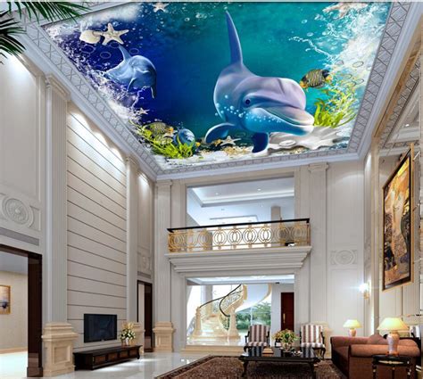 Custom 3d Photo Wallpaper Ceilings Underwater World Dolphin Water