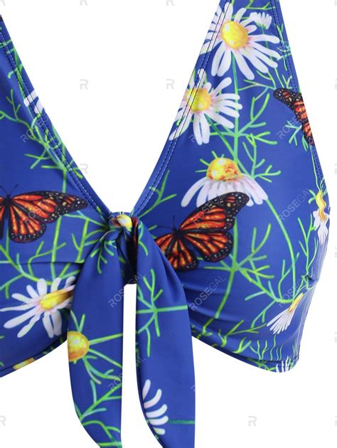 Daisy Butterfly Floral Leaf Print Knot High Waisted Bikini Swimwear
