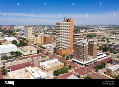 Daytime Aerial Views Above The Skyline Of Downtown Lubbock Texas Stock