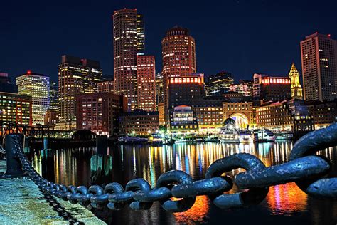 The Boston Skyline Reflected In Fort Point Channel At Night Boston