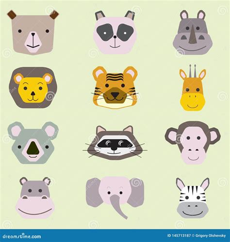 Vector Collection Of Cute Animal Faces Icon Set For Baby Design Stock