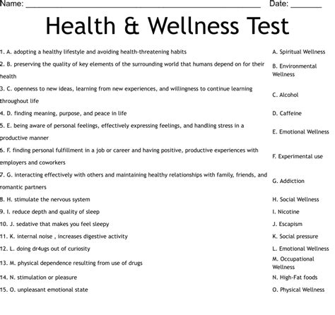 Health And Wellness Test Worksheet Wordmint
