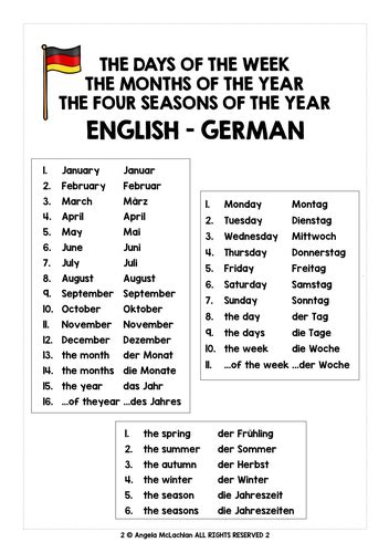 German Days Months Seasons Freebie Teaching Resources