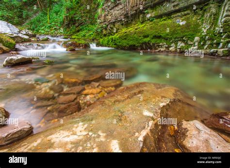 Peaceful Hidden Stream Flows Through A Mossy Canyon Layers Of Rocks