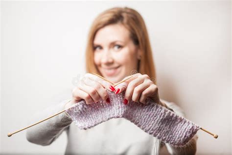 Beautiful Smiling Woman Holding Knitting Hands Blurred Background Stock