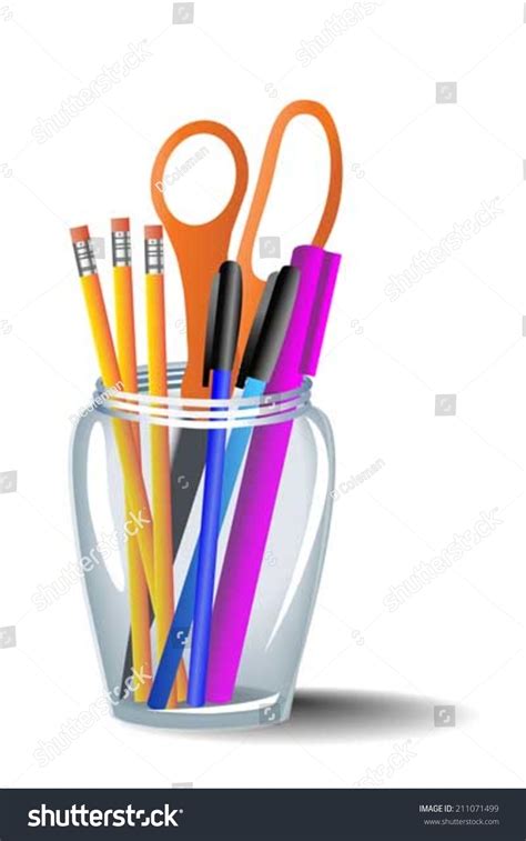 Pens Pencils Scissors Highlighter Pen Glass Stock Vector 211071499