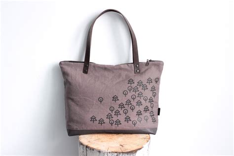 Brown Linen Tote Bag Linen And Leather Handbag Screen Etsy Brown