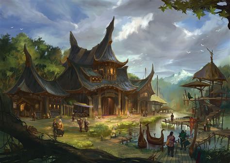 Artstation Small Town Chen Cheng Fantasy Landscape Fantasy Town