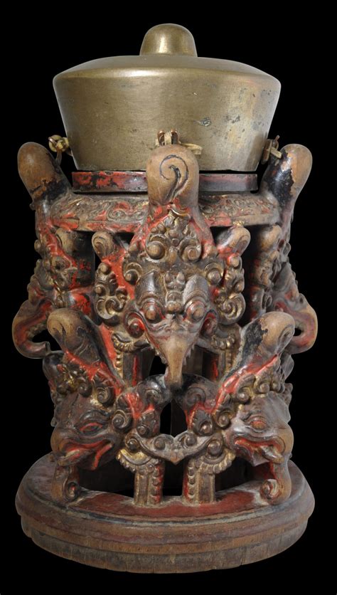 Polychrome Carved Wooden Karang Asti Stand And Gong Kempli Carving