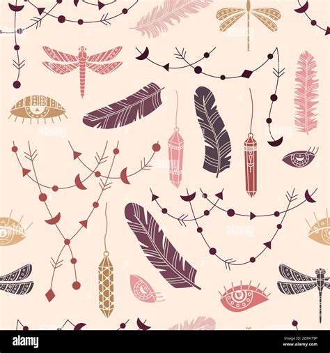 Vector Seamless Pattern With Boho Illustrations Bohemian Background In