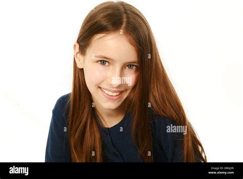 Portrait Of Smiling Preteen Girl Isolated On White Stock Photo Alamy
