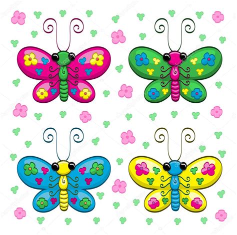 Cute Cartoon Butterflies And Flowers — Stock Vector