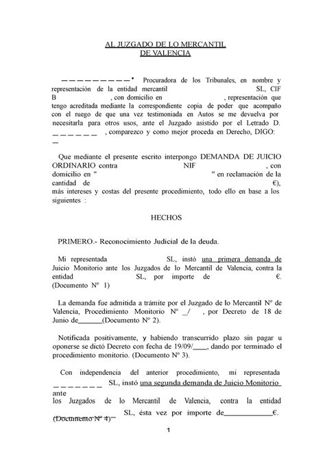 Modelo Demanda Juicio Ordinario 1 Al Juzgado De Lo Mercantil De