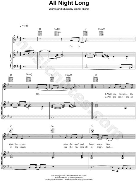 Lionel Richie All Night Long Sheet Music In G Major Transposable Download And Print Sku