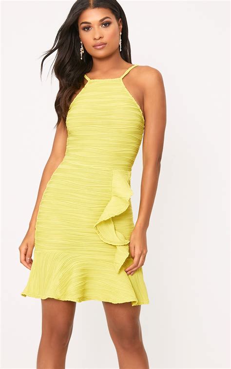 Lime Pleated Ruffle Detail Bodycon Dress Dresses