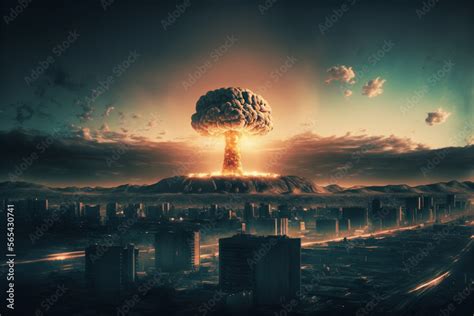 Atomic Bomb Over A City With Mushroom Cloud In The Distance Giant Nuke
