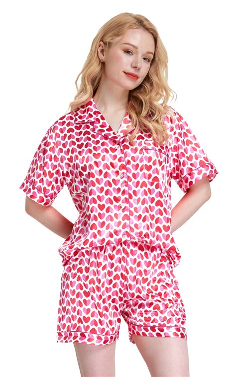 Women S Silk Satin Pajama Set Short Sleeve Pink Hearts Tony And Candice