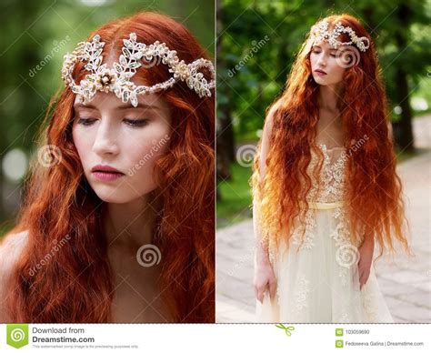 Beautiful Red Haired Girl With Long Curly Hair In The Bride In A Long