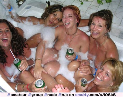 Amateur Group Nude Tub Beer Smiling Laughing