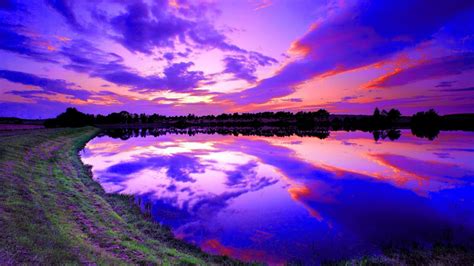 Shore Purple Sunset Reflection Clouds Lake Coolwallpapersme