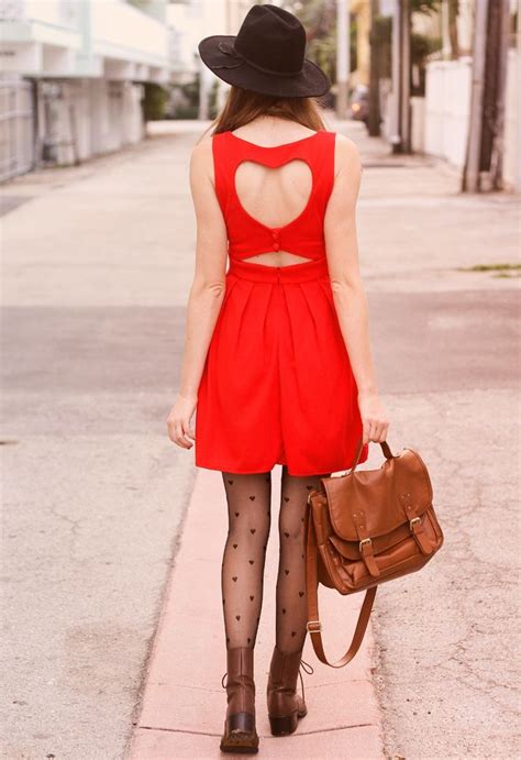 Red Heart Dress Dot Tights Fashion Pleated Dress Pretty Outfits