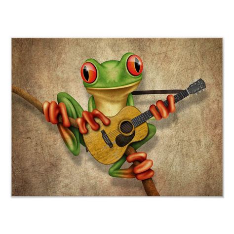 Cute Tree Frog Playing An Acoustic Guitar Rough Poster Zazzle Frog