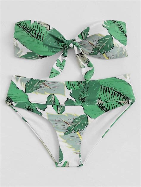 green leaf print knot tie twist bandeau swimsuit with bikini bottom bandeau bikini set