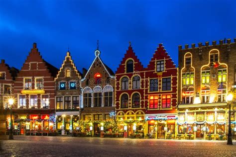 Decorated And Illuminated Market Square In Bruges Belgium Stock Photo